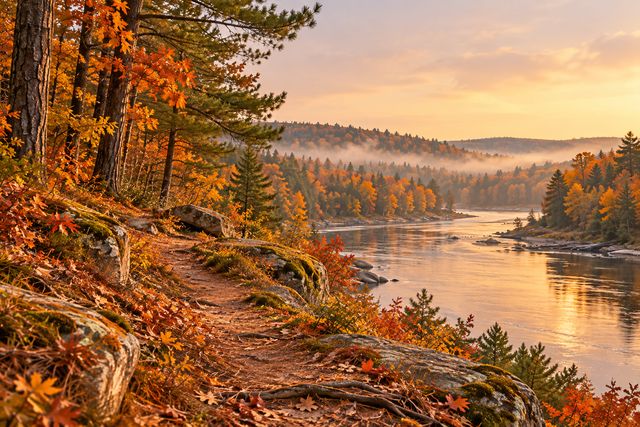 Illustration of an autumn woodland path beside the Black River, with pine trees and mist over the water.