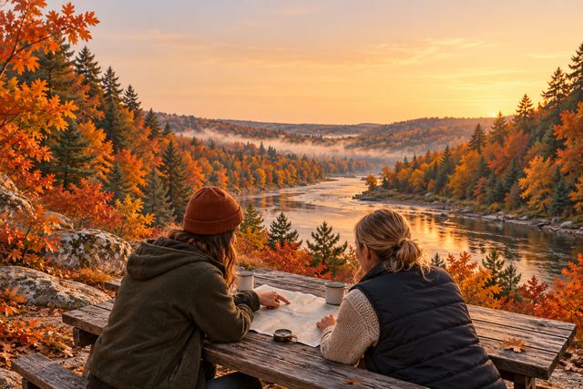 Illustration of two friends planning a trip with a map at a picnic table overlooking an autumn river landscape.