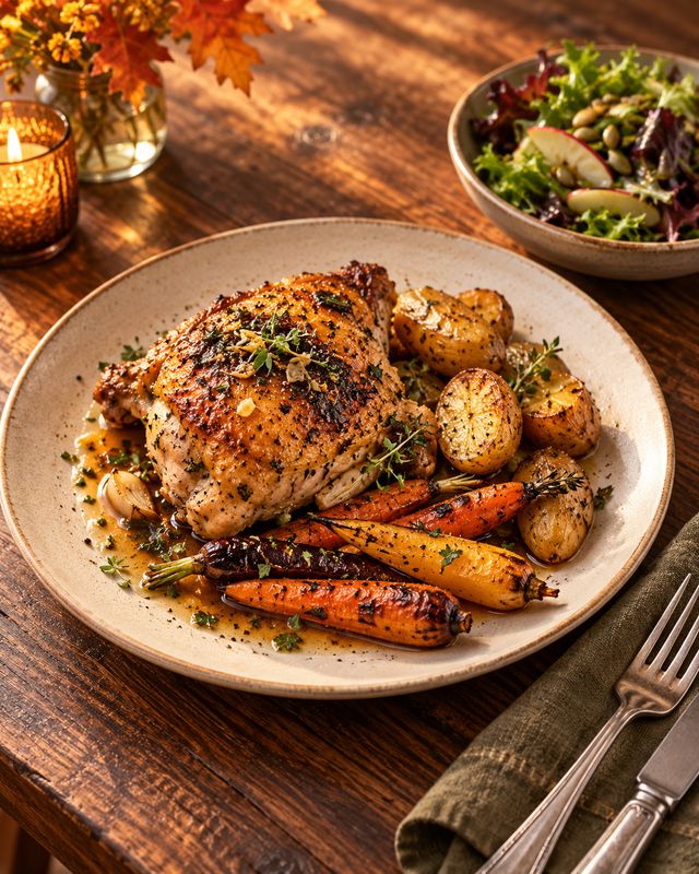 Roast chicken with golden potatoes, seasonal carrots, and a side salad on a warm wooden table.