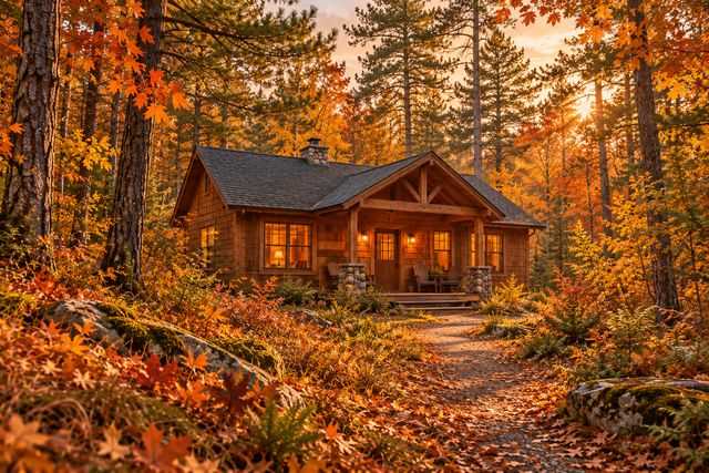 An inviting cedar cabin with a covered porch and warmly lit windows, nestled among pines and golden autumn trees.